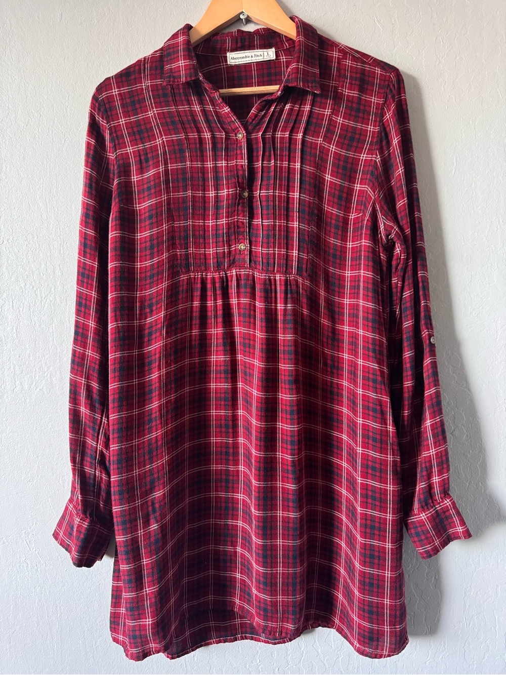 Abercrombie & Fitch Red Plaid Long-Sleeve Shirt Dress with Pockets Large